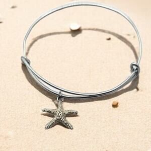 Starfish Charm Bangle Bracelet Silver Adjustable Coastal Ocean Minimalist